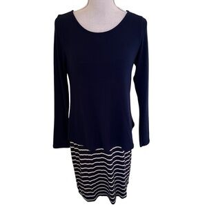 Hail3y:23 Navy Blue and Tan "Joel"  Striped Long Sleeve Popover Dress M